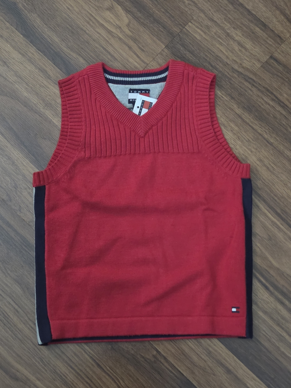 Tommy Hilfiger Red V-Neck Knit Vest with Navy Side Panels